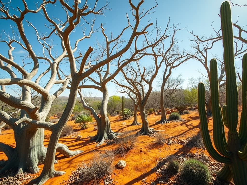 Árboles sin hojas y cactus sobre tierra árida bajo un sol fuerte