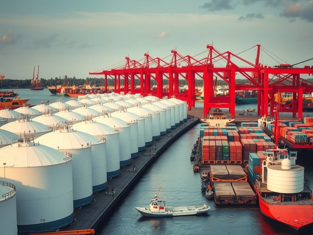 Puerto industrial junto a un río, con tanques de almacenamiento y grúas de contenedores
