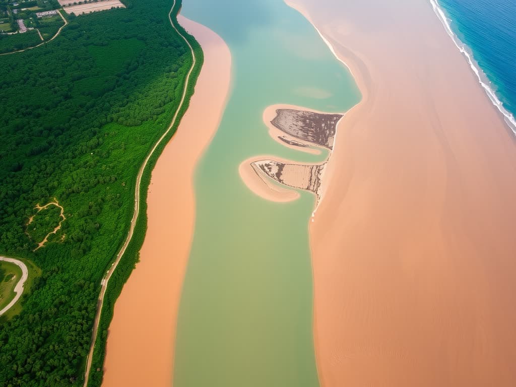 Vista aérea de un río de aguas pardas desembocando en el mar, con bancos de arena