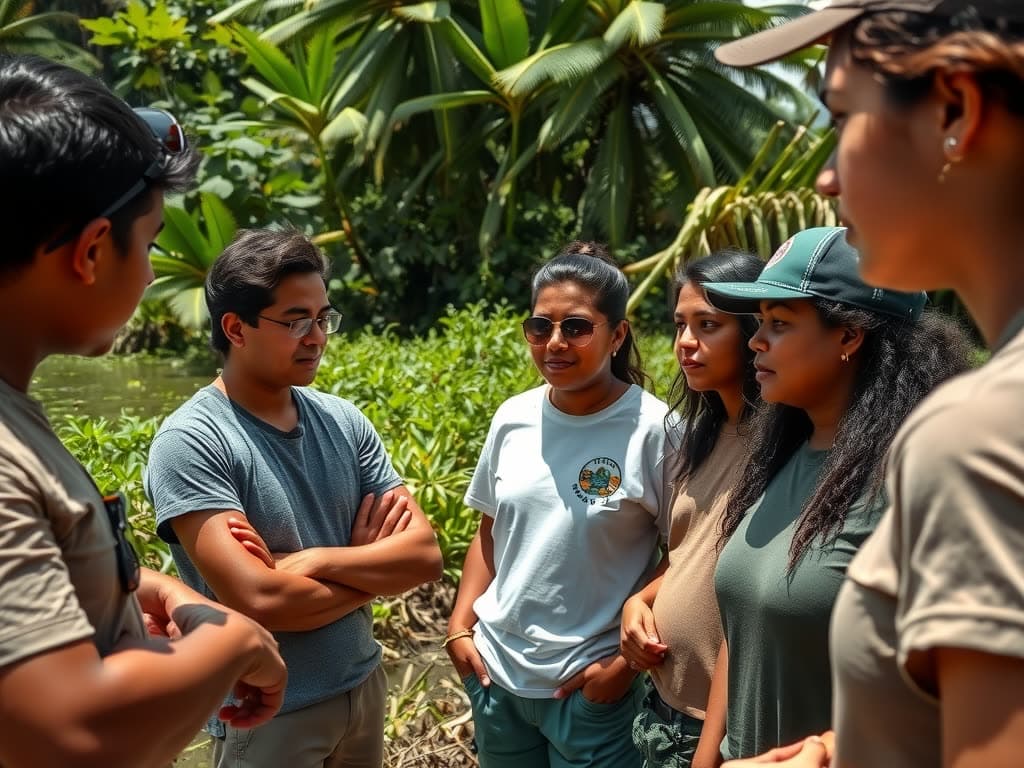 Un grupo de personas escuchando a un guía al aire libre junto a un humedal