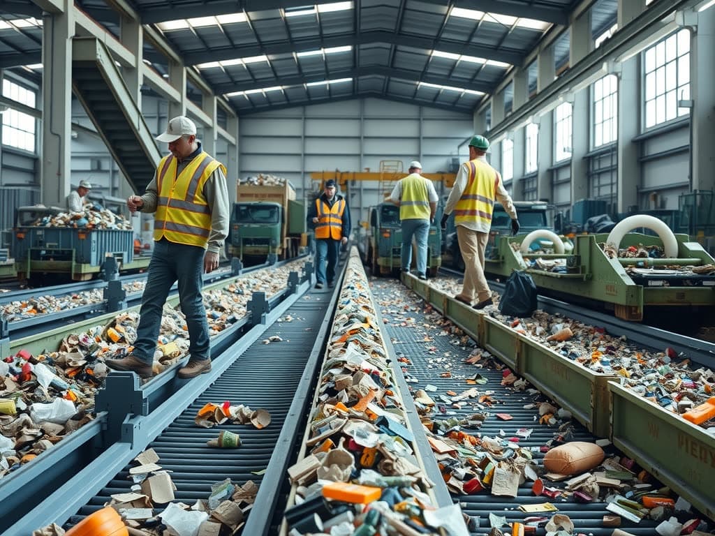 Interior de una planta de separación de residuos con bandas transportadoras y operarios
