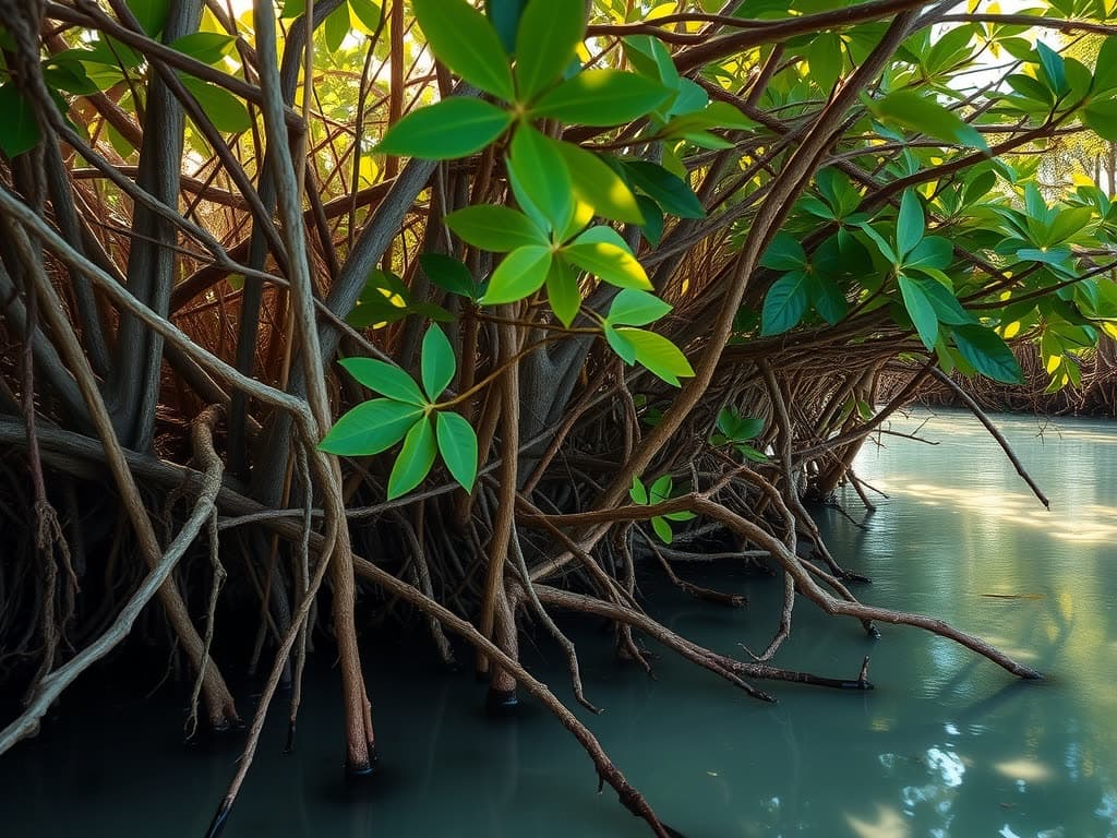 Raíces de mangle rojo emergiendo del agua somera de una laguna costera